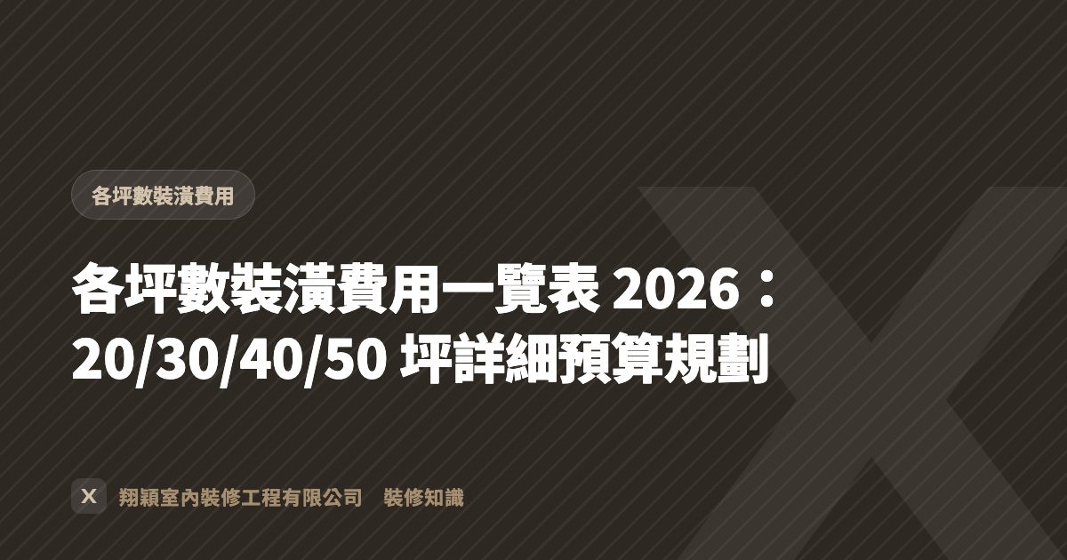 各坪數裝潢費用一覽表 2026：20/30/40/50 坪詳細預算規劃